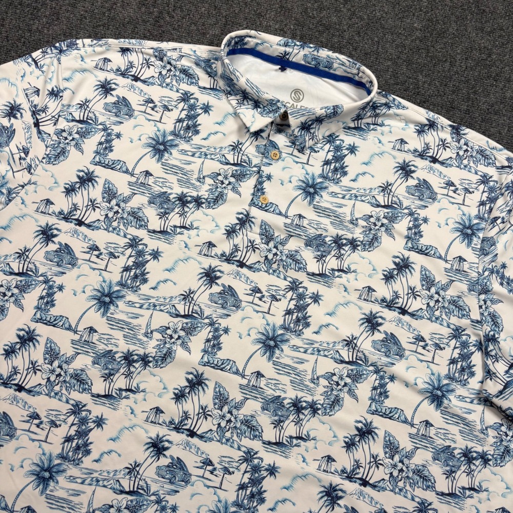 Scales Performance Polo Mens 3XL White Blue Tropical Surf Toile Print
